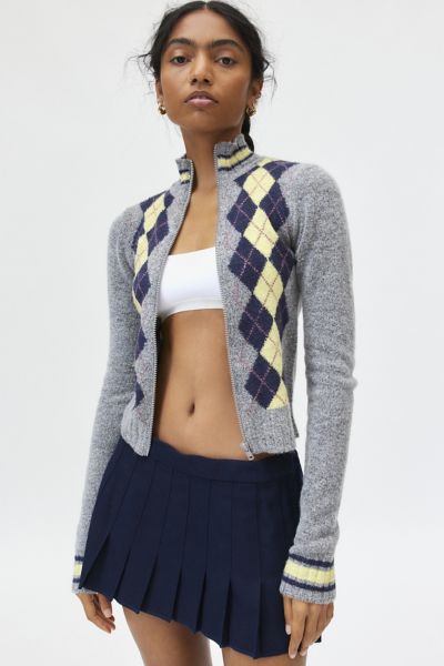 Shop Bdg Clarke Argyle Zip-up Sweater In Grey, Women's At Urban Outfitters