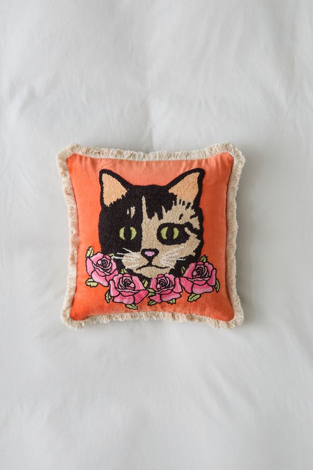 Embroidered Cat Bouquet Throw Pillow #1