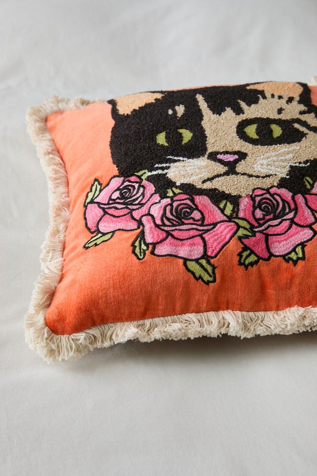 Embroidered Cat Bouquet Throw Pillow #3