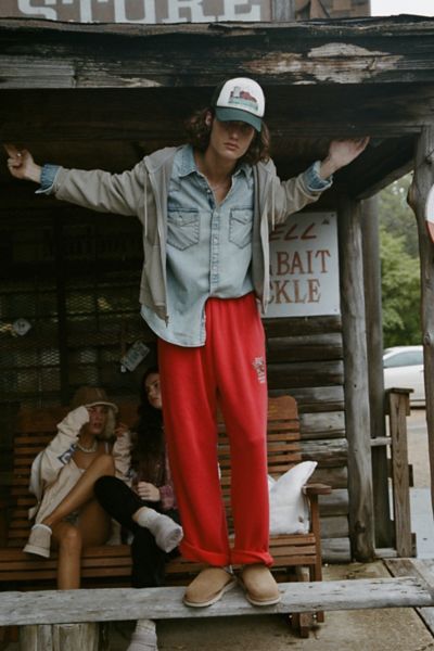 BDG BONFIRE SCENIC EMBROIDERY SWEATPANT IN RED, MEN'S AT URBAN OUTFITTERS 