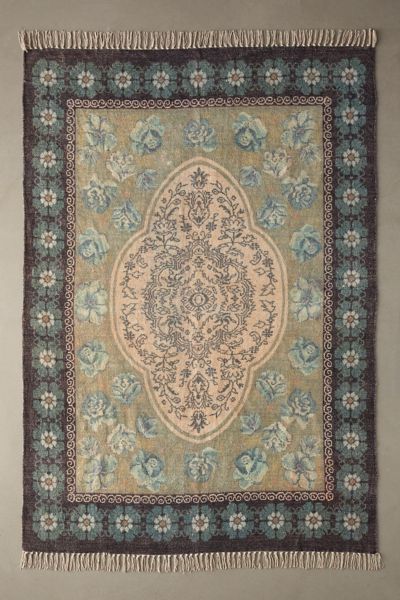 Urban Outfitters Minerva Floral Digital Printed Chenille Rug In Green Blue At