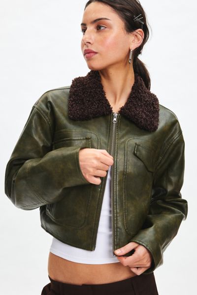 BDG Janine Faux Leather Cropped Aviator Jacket | Urban