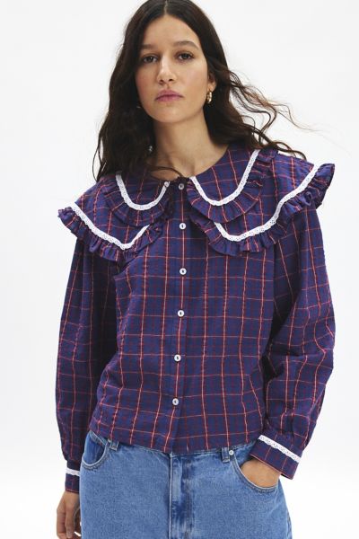 Neon Rose Meredith Double Collar Check Print Blouse