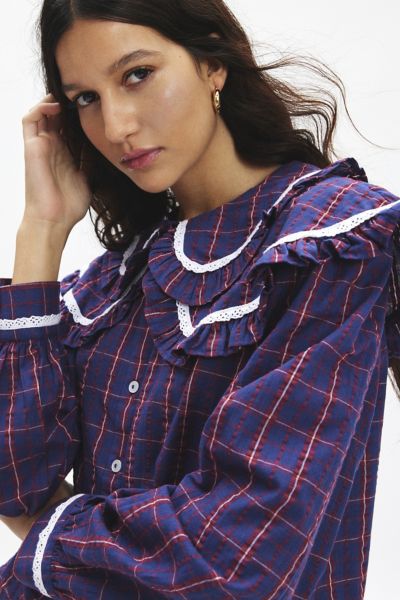 Neon Rose Meredith Double Collar Check Print Blouse