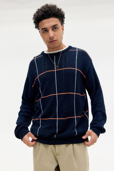 BDG NAVY CHECK CABLE KNIT SWEATER IN NAVY, MEN'S AT URBAN OUTFITTERS 