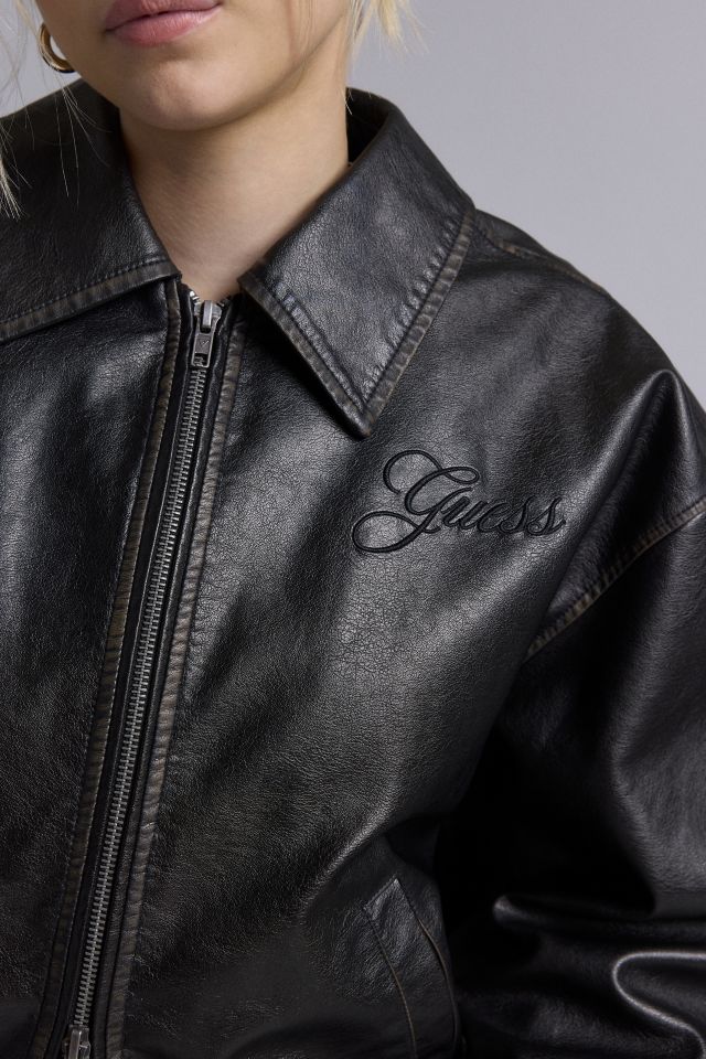 GUESS ORIGINALS Distressed Faux Leather Bomber Jacket #1