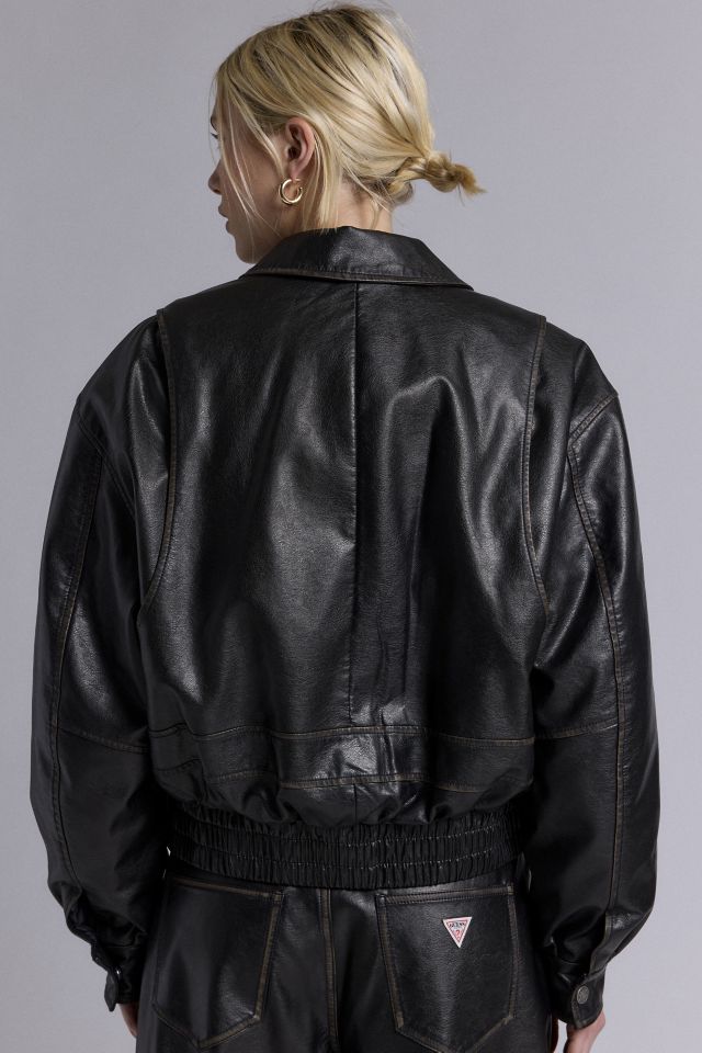 GUESS ORIGINALS Distressed Faux Leather Bomber Jacket #2