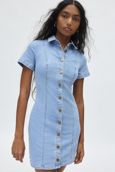 UO Monica Button-Up Short Sleeve Denim Mini Dress