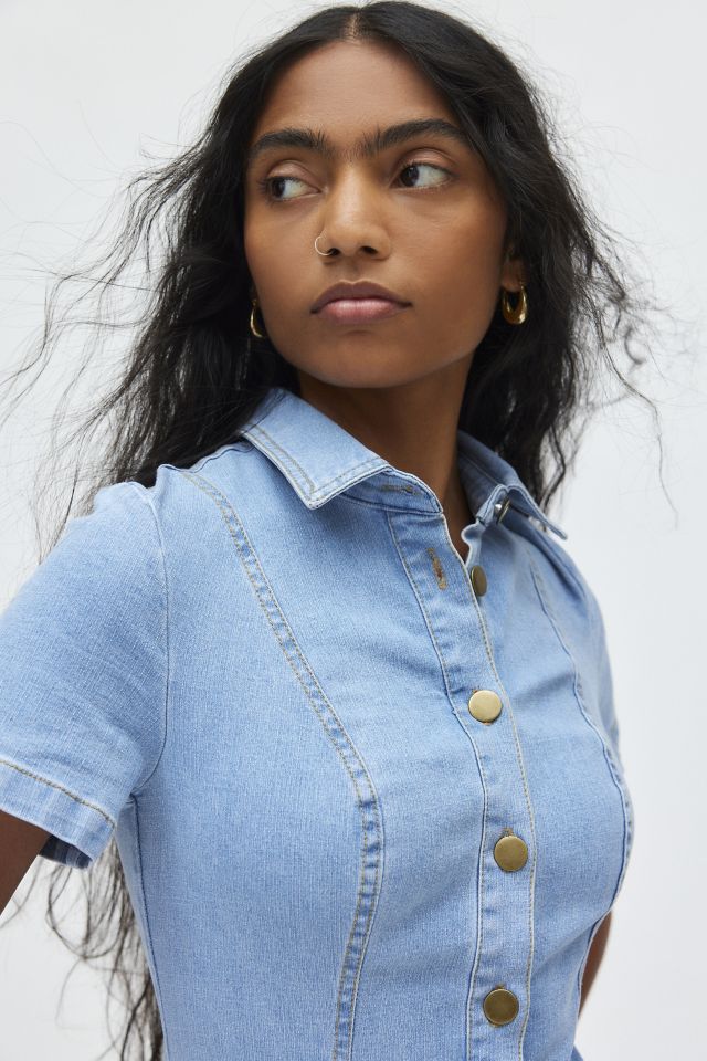 UO Monica Button-Up Short Sleeve Denim Mini Dress #1