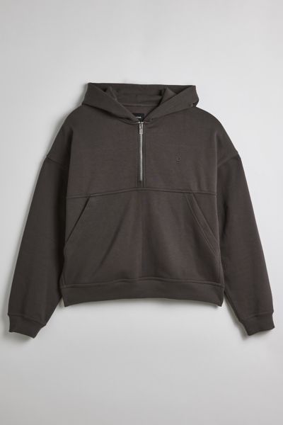 Standard Cloth Javier Half Zip Cropped Hoodie Sweatshirt In Charcoal, Men's At Urban Outfitters In Brown