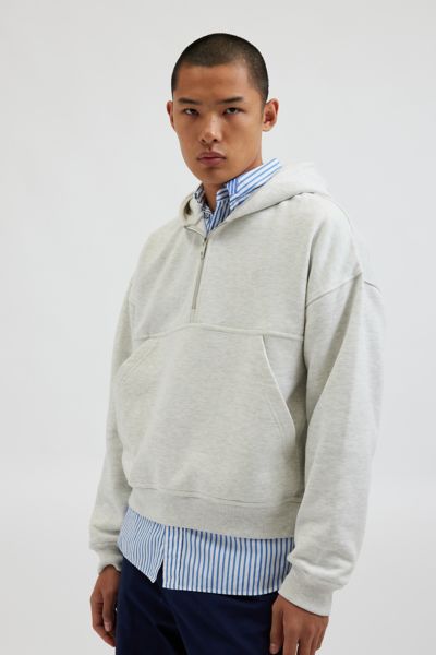 STANDARD CLOTH JAVIER HALF ZIP CROPPED HOODIE SWEATSHIRT IN LIGHT GREY, MEN'S AT URBAN OUTFITTERS 