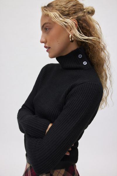 Shop Bdg Grayson Buttoned Turtleneck Sweater In Black, Women's At Urban Outfitters