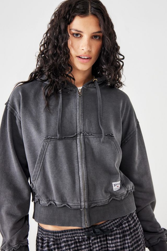 BDG Charcoal Zip-Up Cropped Hoodie Sweatshirt | Urban Outfitters