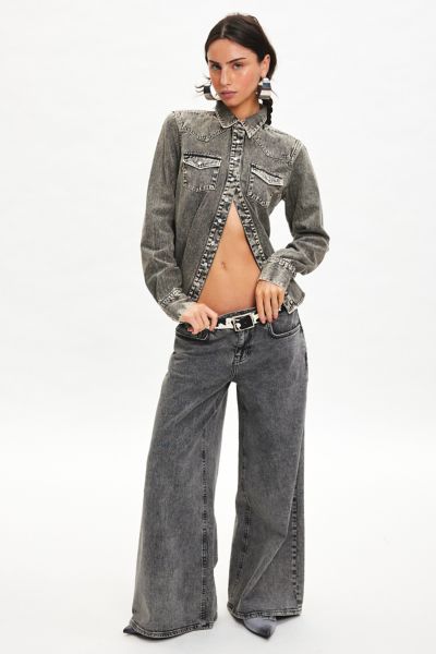BDG ARIELLA DENIM WESTERN SHIRT TOP IN GREY, WOMEN'S AT URBAN OUTFITTERS 