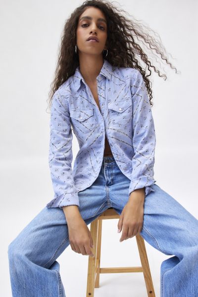 BDG ARIELLA PRINTED WESTERN SHIRT TOP IN BLUE, WOMEN'S AT URBAN OUTFITTERS 