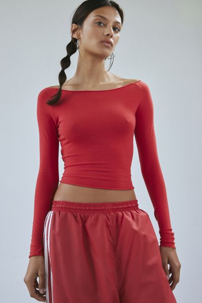 OUT FROM UNDER COTTON COMPRESSION BOATNECK LONG SLEEVE TOP IN RED, WOMEN'S AT URBAN OUTFITTERS 