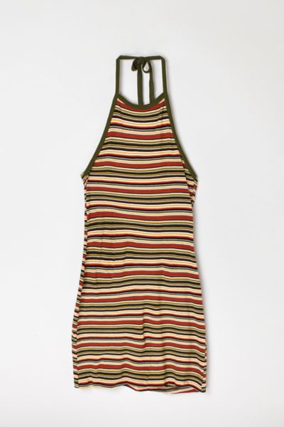 Vintage Y2k Olive Striped Halter Mini Dress