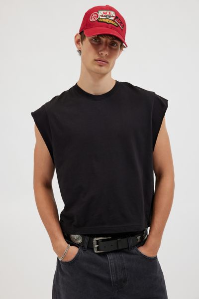 BDG GRAYSON SOLID CUTOFF MUSCLE TEE IN BLACK, MEN'S AT URBAN OUTFITTERS 
