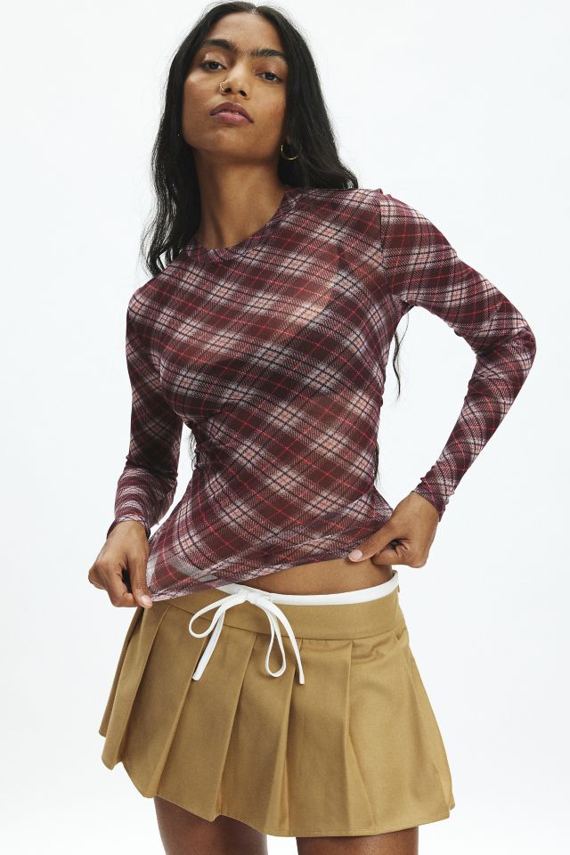 GUESS ORIGINALS Plaid Sheer Mesh Long Sleeve Top #1