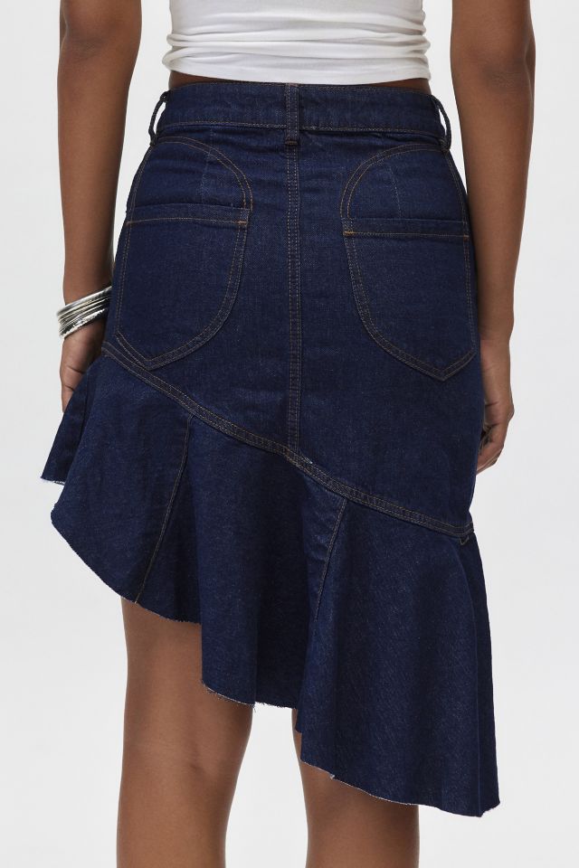 Asymmetry Denim Skirt デニム ミディスカート アシンメトリー Asymmetric denim midi skirt in blue - Sacai | Mytheresa