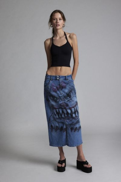 Loyal Pup Custom Airbrush Remade Denim Midi Skirt