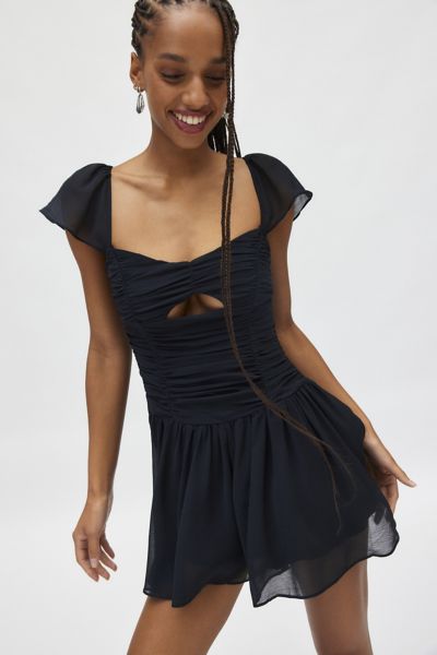 Kimchi Blue Diana Ruched Drop Waist Romper In Black, Women's At Urban Outfitters In Black