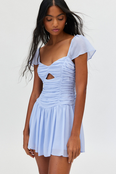 Kimchi Blue Diana Ruched Drop Waist Romper In Heather Grey, Women's At Urban Outfitters In Blue