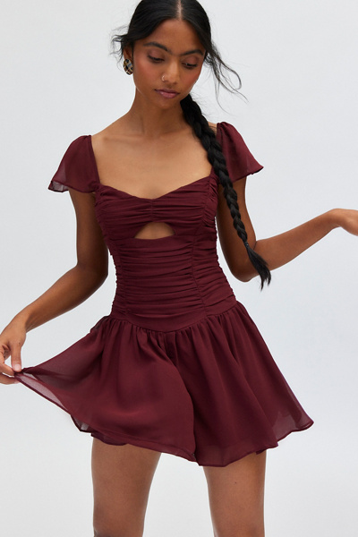 Kimchi Blue Diana Ruched Drop Waist Romper In Maroon, Women's At Urban Outfitters In Burgundy