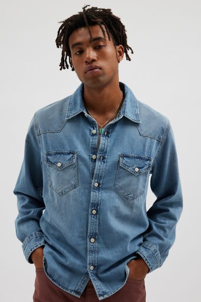BDG CACTUS WASH DENIM WESTERN SHIRT TOP IN INDIGO, MEN'S AT URBAN OUTFITTERS 