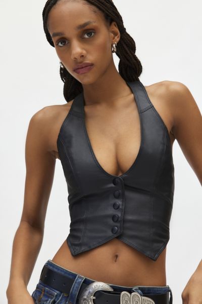 Silence + Noise Esme Cropped Coated Denim Halter Vest