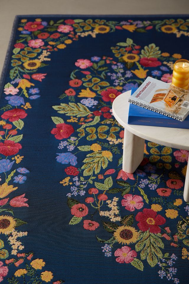 Navy Floral Rectangular Wool and Synthetic Area Rug, 6'-7" x 9'-4"