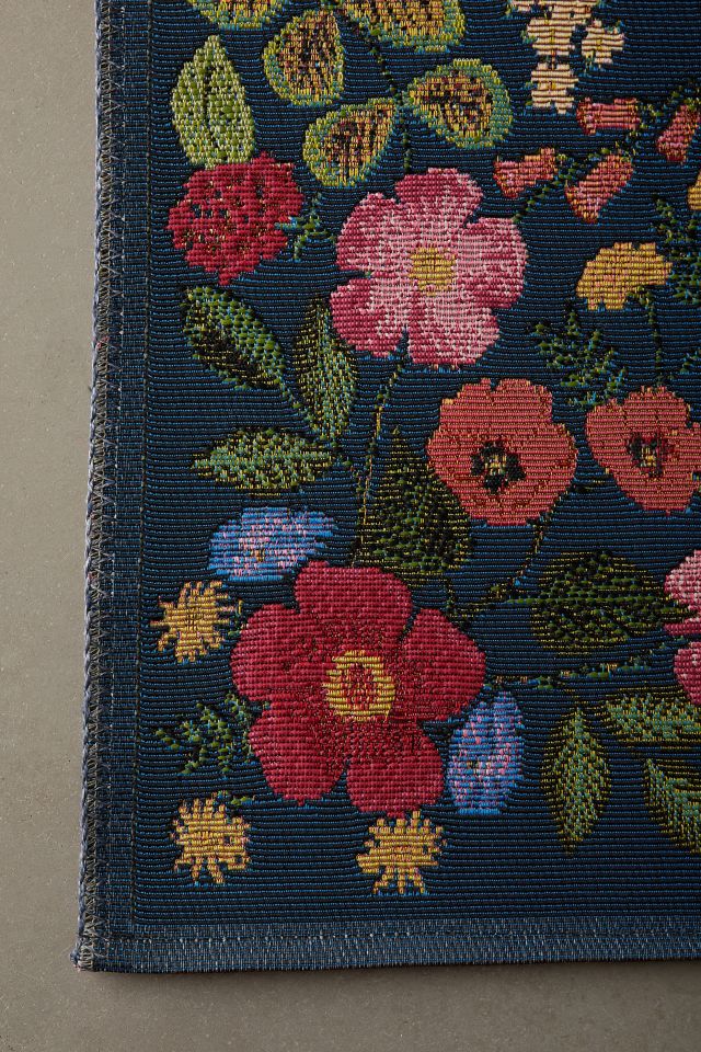 Navy Floral Rectangular Wool and Synthetic Area Rug, 6'-7" x 9'-4"