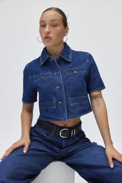 Lioness Halston Short Sleeve Cropped Denim Top