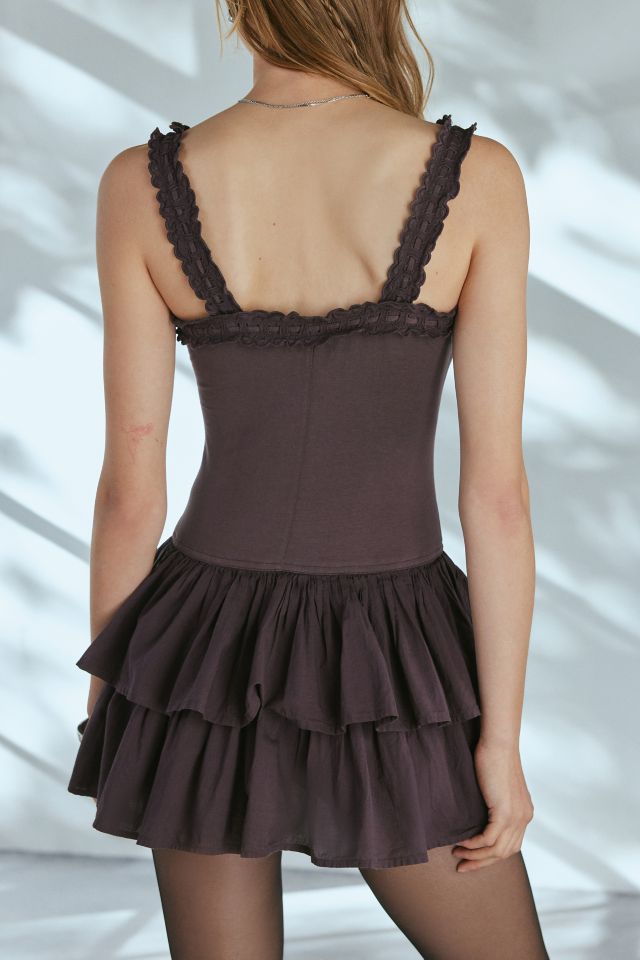 Ecote Olive Ruffled Drop Waist Milkmaid Mini Dress