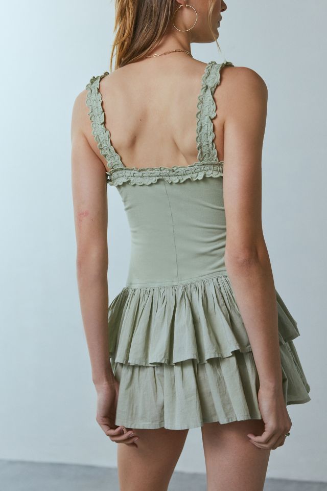 Ecote Olive Ruffled Drop Waist Corset-Style Mini Dress