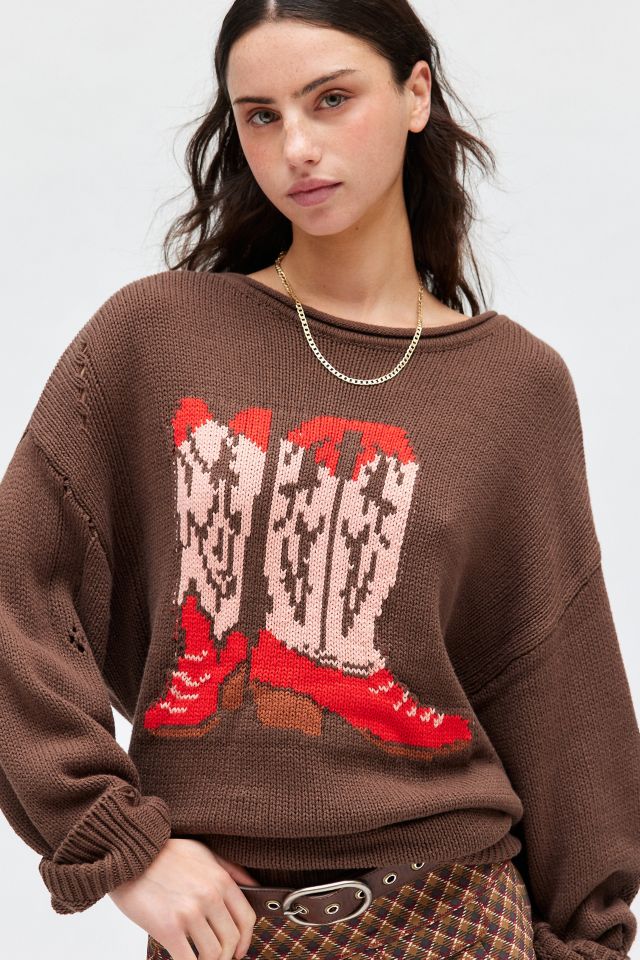 BDG Stella Cowboy Boot Graphic Distressed Pullover Sweater #1