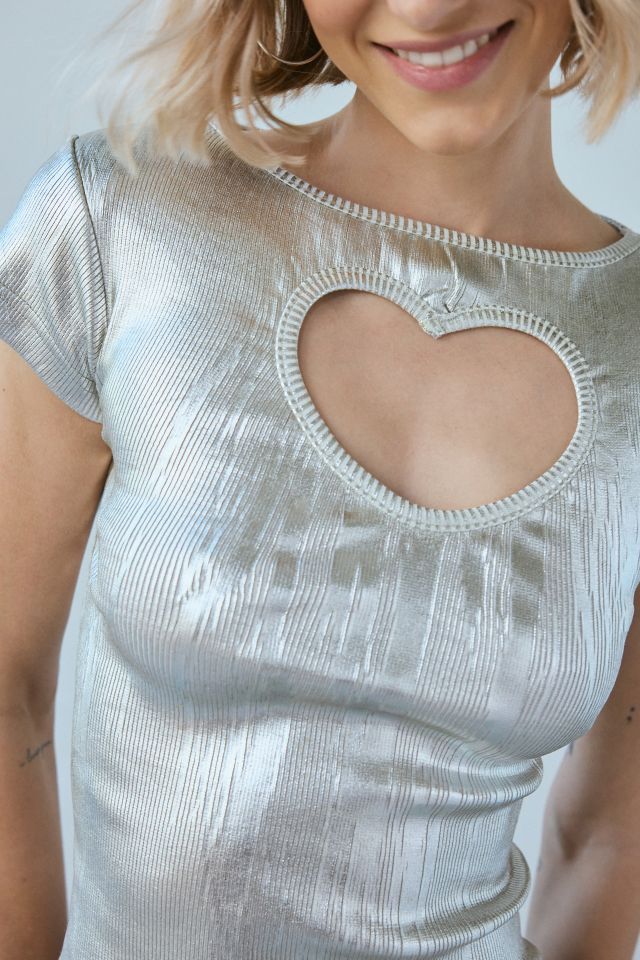 Daisy Street Heart Cutout Silver Metallic Boatneck Top #1