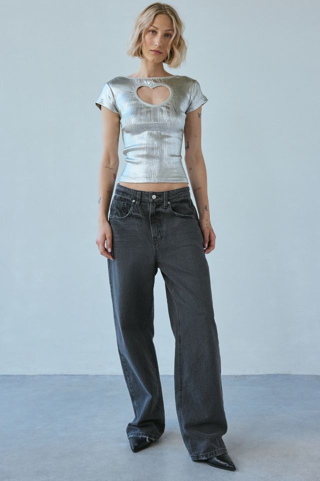 Daisy Street Heart Cutout Silver Metallic Boatneck Top #3