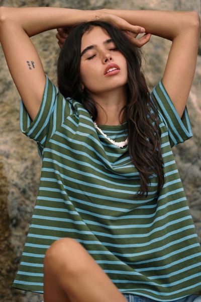 Rat Boi Striped Boifriend T-shirt Top In Olive Stripe, Women's At Urban Outfitters In Olive Stripe