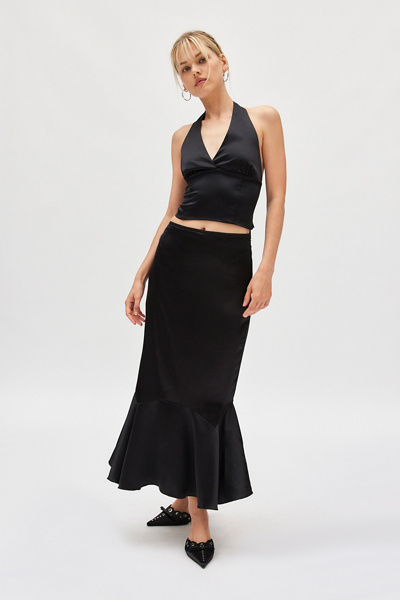 Kimchi Blue Jensen Satin Fluted Maxi Skirt In Black, Women's At Urban Outfitters In Black