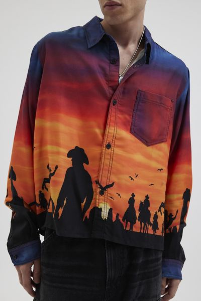 Bdg Landscape Printed Drapey Long Sleeve Button-down Shirt At Urban Outfitters In Multicolor