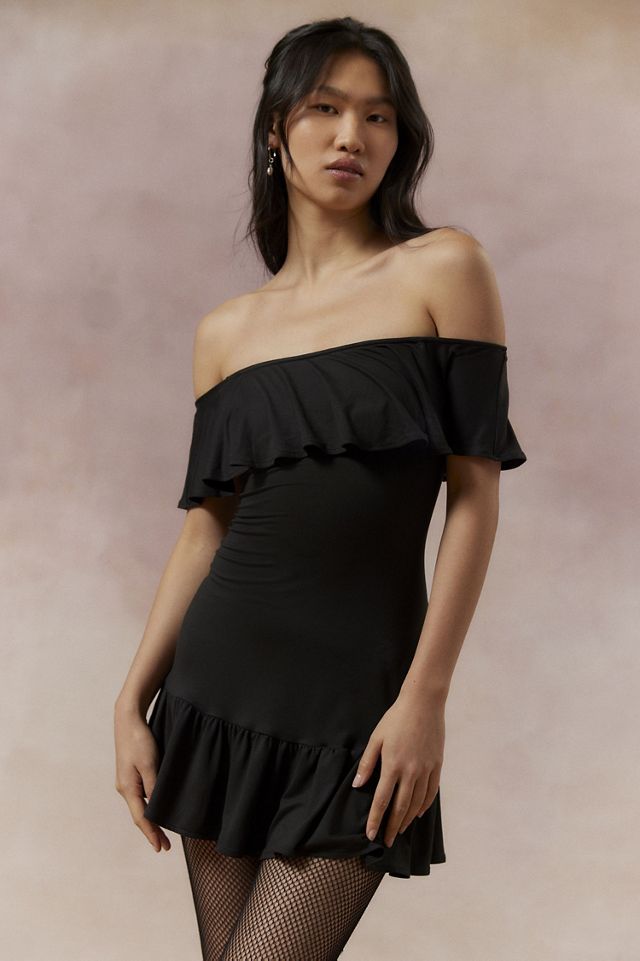 black off the shoulder ruffle dress Skirt Embellished Glitter Long Prom shaped neckline Back Stylish Black Ruffles Off shoulder