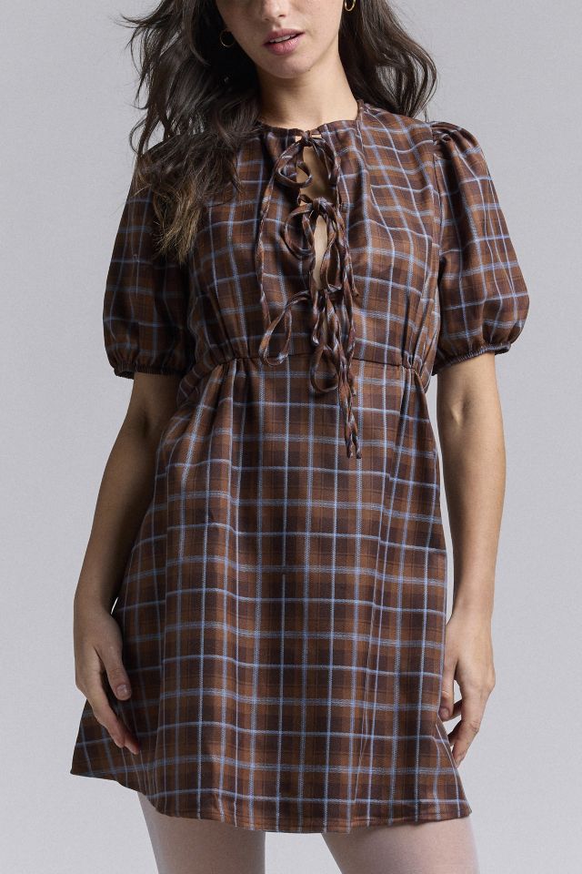 Glamorous Brown Plaid Tie-Front Mini Dress #1