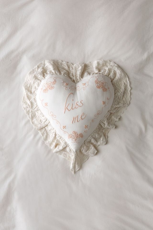 Kiss Me Embroidered Ruffle Heart Throw Pillow #1