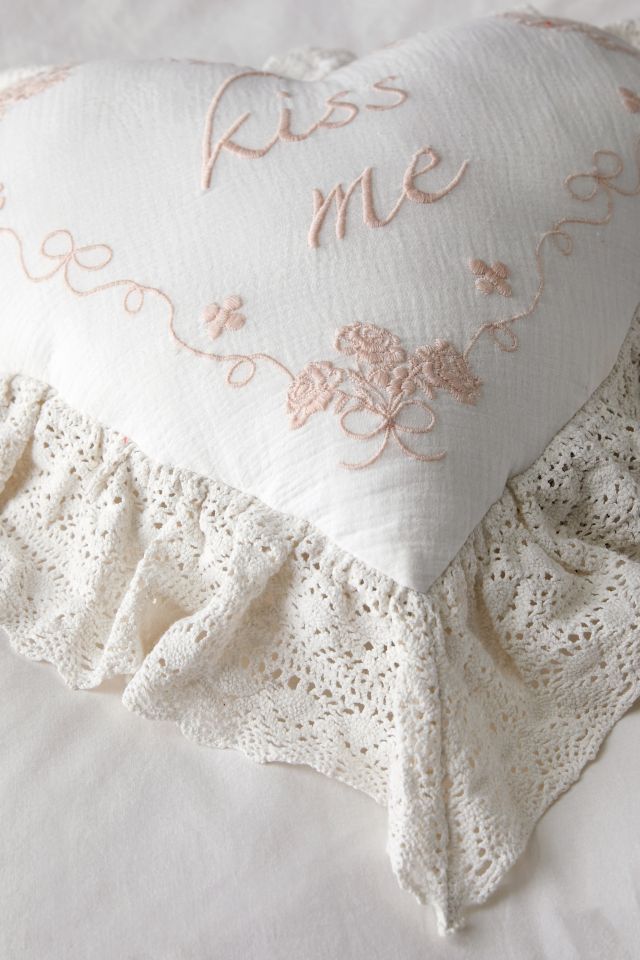 Kiss Me Embroidered Ruffle Heart Throw Pillow #2