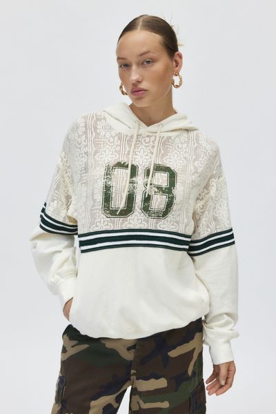 BDG Bobbie Varsity Graphic Spliced Crochet Lace Hoodie Sweatshirt