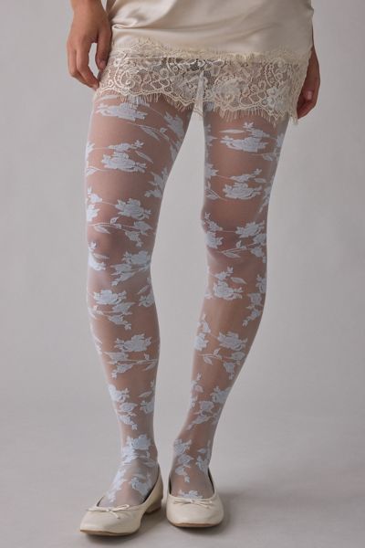 Urban Outfitters Rose Lace Tights In Light Blue, Women's At  In White