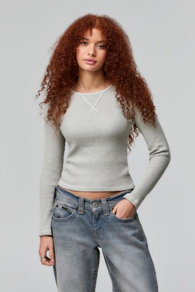BDG WAFFLE KNIT TOP IN GREY, WOMEN'S AT URBAN OUTFITTERS 