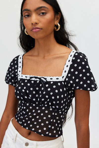 Kimchi Blue Apple Square Neck Cropped Blouse In Black, Women's At Urban Outfitters In Black