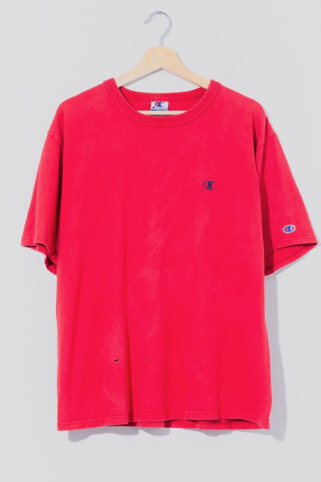 Vintage 1990s Distressed Champion Embroidered Logo Red T-Shirt